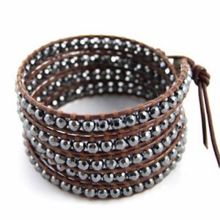 Chan Luu Brown Leather & Hematite Crystal Beads Wrap Bracelet