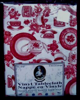 TABLECLOTH VINYL FINE CHINA PATTERN RECTANGLE 52x90 BURGUNDY WHITE