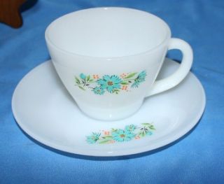 fire king cup and saucer s bonnie blue flowers