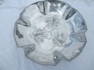 Farber Shlevin Aluminum Ruffle Bowl with Embossed Flowers Three Footed