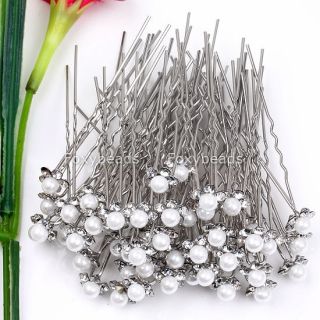 50pc White Faux Pearl Flower Crystal Clip Hair Pins New