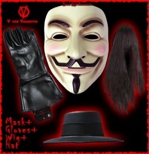 FOR VENDETTA Guy Fawkes anonymous MASK WIG GLOVES HAT SET NEW