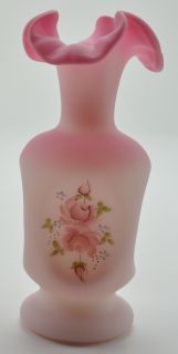 Fenton Art Glass Pink Rose Burmese Colored Ruffle Top Vase Hand
