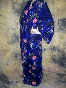 Vtg 80s 90s Sexy Indigo Morning Glory Kimono Fishtail Train Robe