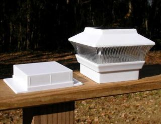 Set White Solar 4x4 Fence Post Cap Deck Mount Light Wood PVC Vinyl
