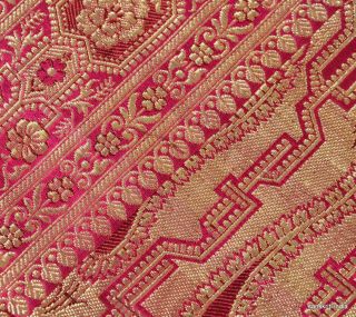 Vintage Sari Hand Woven Brocade Fabric Art Silk Heavy Saree Floral