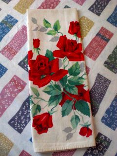 Vintage Red Rose Roses Flower Linen Tea Towel 18 x 33