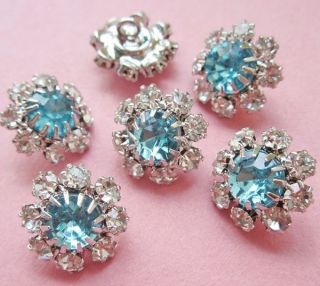 FREE SHiP 6 vintage style flowery blue clear rhinestones buttons 5 8