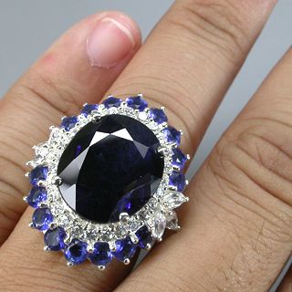 Flowery Top Blue Sapphire White Sapphire Real 925 Sterling Silver Ring