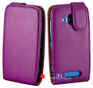 Premium PURPLE Flip Leather Case Cover for NOKIA Lumia 610 + Screen