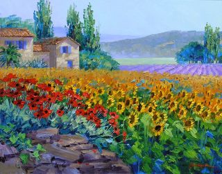 Mikki Senkarik Original Oil Painting Provence Sunflowers Red Poppies