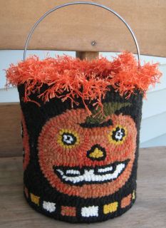 Primitive Folk Art Hand Hooked Rug Halloween JOL Candy Bucket
