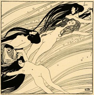 1942 Print Fish Blood Ink Drawing Nude Women Ocean Gustav Klimt Art