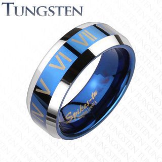  Rose Blue IP Roman Numerals Comfort Fit Wedding Band Mens Ring