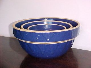 Blue Stoneware Mixing Bowl Nesting Set of 3 USA Yellowware Crocks