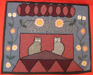 Antique Folk Art Americana Hand Made Hooked Rug 2 Cats on Roof Flowers