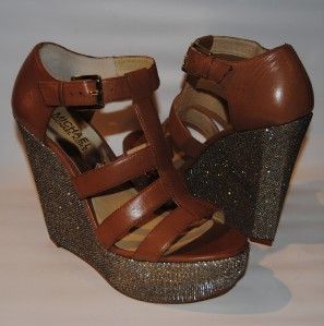 Michael Kors Faye Wedge Tan Leather Sparkly Wedge High Heel New Size