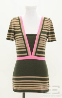 Fendi Olive Green Tan Striped Pink Trim Sweater Size 40