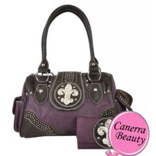  tooled rhinestone fleur de lis double pocket tote handbag purple set