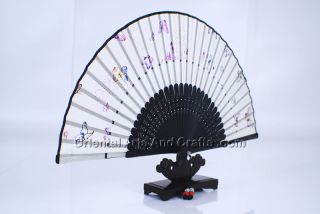 Geniue Handmade Folding Hand Fan Silk Bamboo Gold Blocking Home Deocr