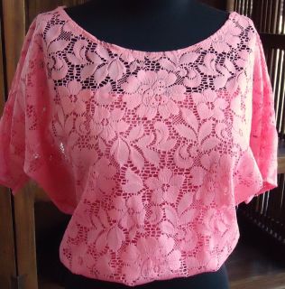 Vintage L Fredericks of Hollywood Pink Lace Blouse Cap Sleeves Lined