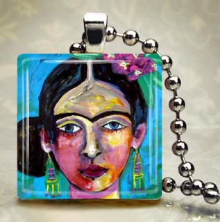 Mexican Folk Art Jewelry Frida Kahlo Necklace Pendant Glass Tile