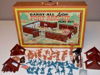 VINTAGE 60s Marx Fort Apache Carry All Action Play Set #4685 Cowboys