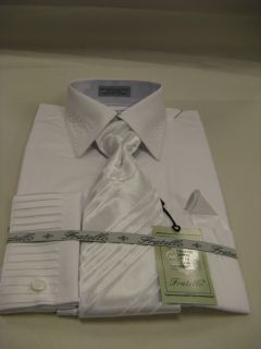 New Fratello Fashion Dress Shirt w Tie and Hanky Pleated White Size
