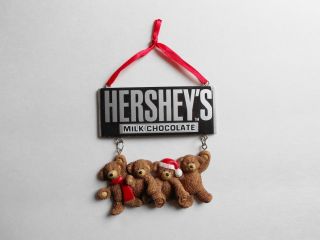   Ornament Bears hanging from Hersheys Milk Chocolate Candy Bar NoBox