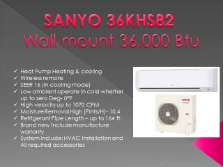 SANYO 36KHS82 36,000 Btu Inverter Heat pump Ductless wall mounted