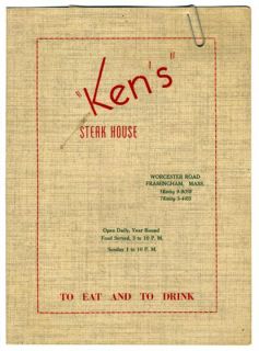 Kens Steak House Menu Framingham Massachusetts 1950S