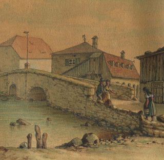 Original 1877 Watercolor Painting Town Furth Germany