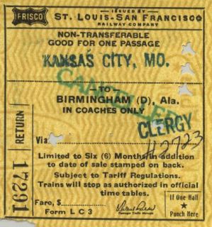  Louis San Francisco Railway Co  Frisco Railroad passenger train ticket