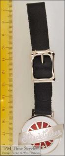 Black leather strap pocket watch fob, silver toned & enamel Studebaker