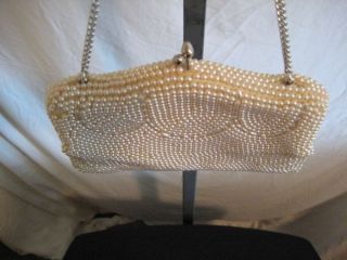 Vintage Gary Gail Small Pearl Beaded Ivory Clutch w Wristlet Handbag