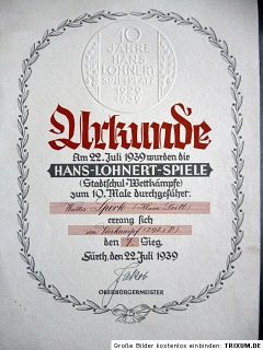  Certificate Ink Signed by The Mayor of Nuremberg Furth in 1939