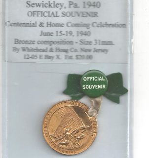 Sewickley PA 1940 Centennial Home Coming Celebration Medal pin