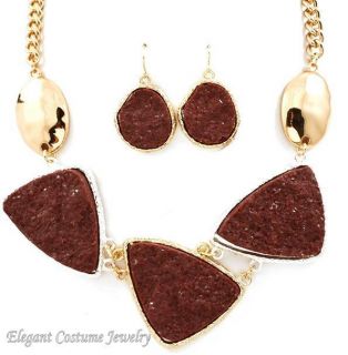 Chocolate Fudge Brown Abstract Gold Tone Necklace Set Elegant Costume