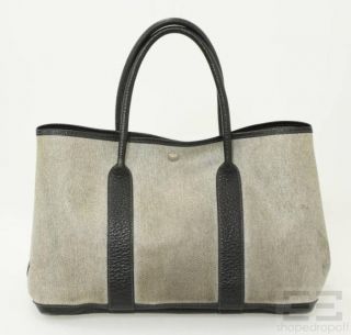  Beige Black Coated Canvas Leather Trim Garden Party Tote Bag