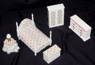 Lot 4 of 13 Dollhouse Furniture Bedroom Set 6pc White Pink Floral Bed