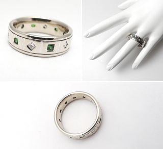 Estate Tsavorite Garnet Diamond Wedding Band Ring Solid 14k White Gold