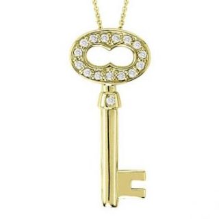  Round Diamond Key Pendant Necklace Unique 14k Yellow Gold Chain G H SI
