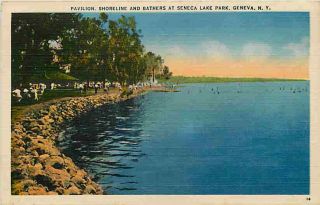 Geneva New York NY 1940 Seneca Lake Park Pavilion Beach Vintage Linen