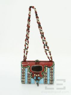 Mary Frances Red & Blue Beaded Turquoise Trimmed Fringe Handbag
