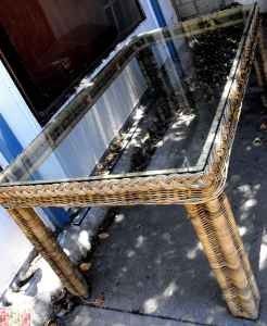 Exceptional Large Vintage Wicker and Glass Table Patio Garden