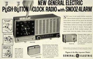 1959 Ad General Electric Co Compact Table Clock Radio Snooz Alarm