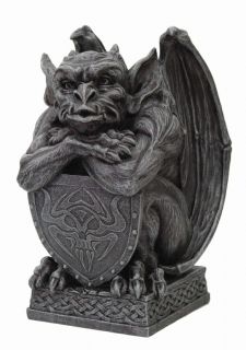 GARGOYLE HOLDING SHIELD STATUE.GOTHIC GUARDIAN FIGURINE.COLLECTIBLE