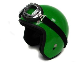  Flake Motorcycle Helmet Vintage Green Open Face Racer HELMET+GOGGLES~S
