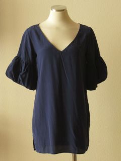 Geren Ford  Navy Blue Silk V Neck Bell Sleeve Trapeze Tunic Top