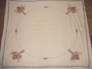 White Raw Cotton Tablecloth w Embroidery Floral Bouquet & Basket 36 x